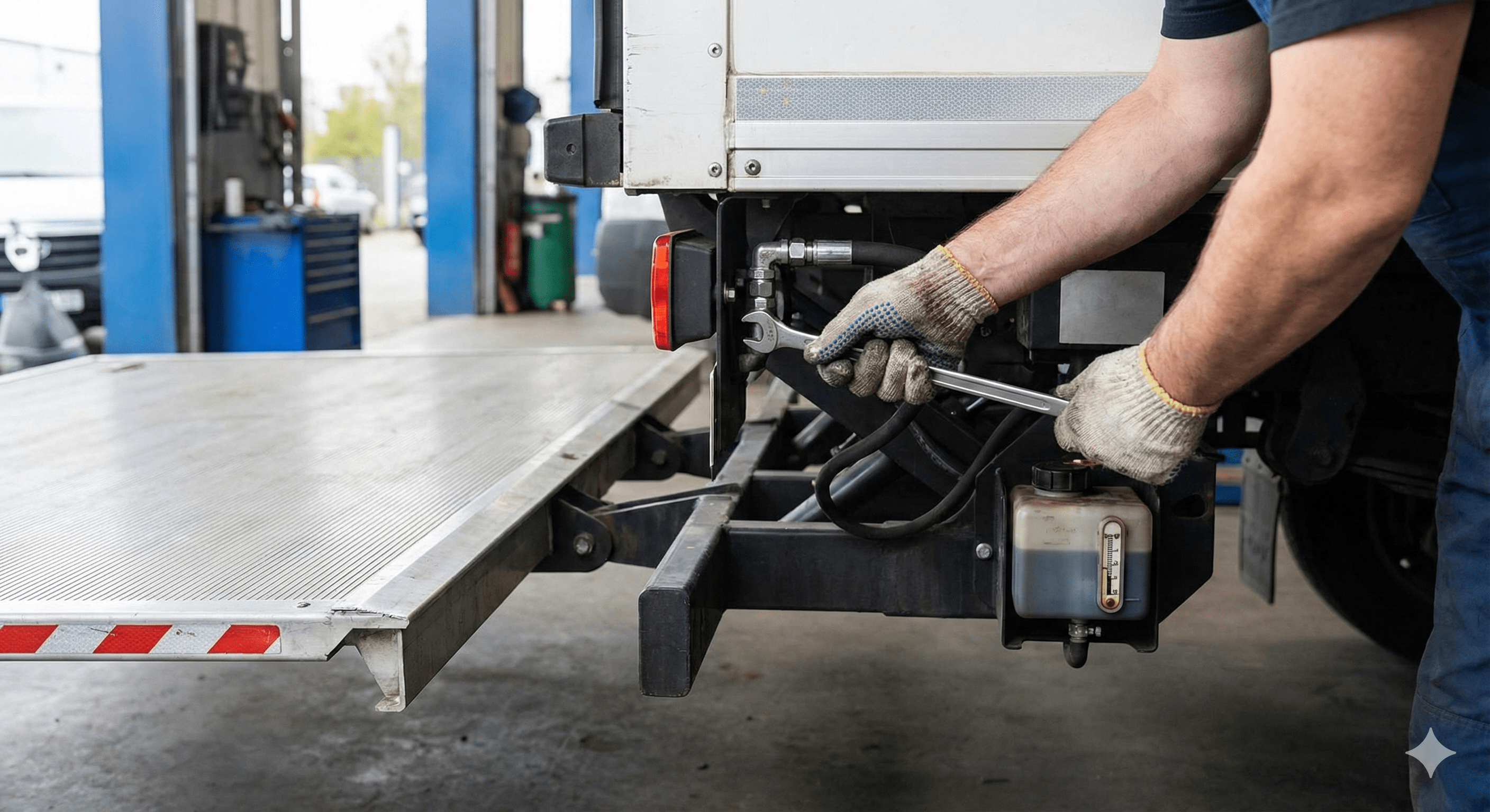 Mechanic Performing Hydraulic Repair on Truck Liftgate-min