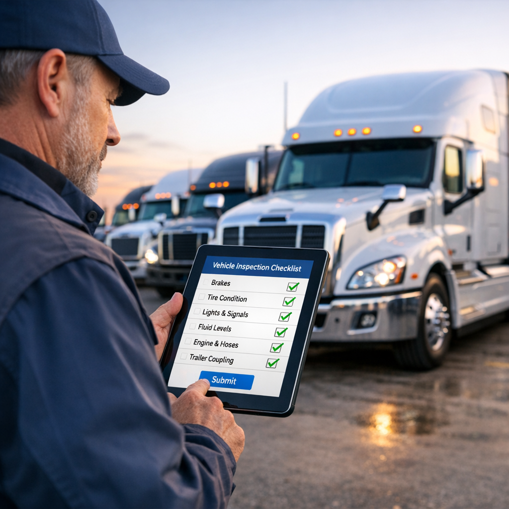 A realistic photo of a fleet manager performing a semi-truck inspection using a digital fleet maintenance checklist to ensure vehicle safety and uptime in Sanford, FL.