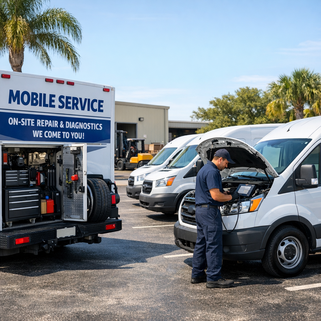 A realistic photo of professional on-site fleet services being performed on commercial vans in a Florida business parking lot to reduce vehicle downtime in Sanford, FL.