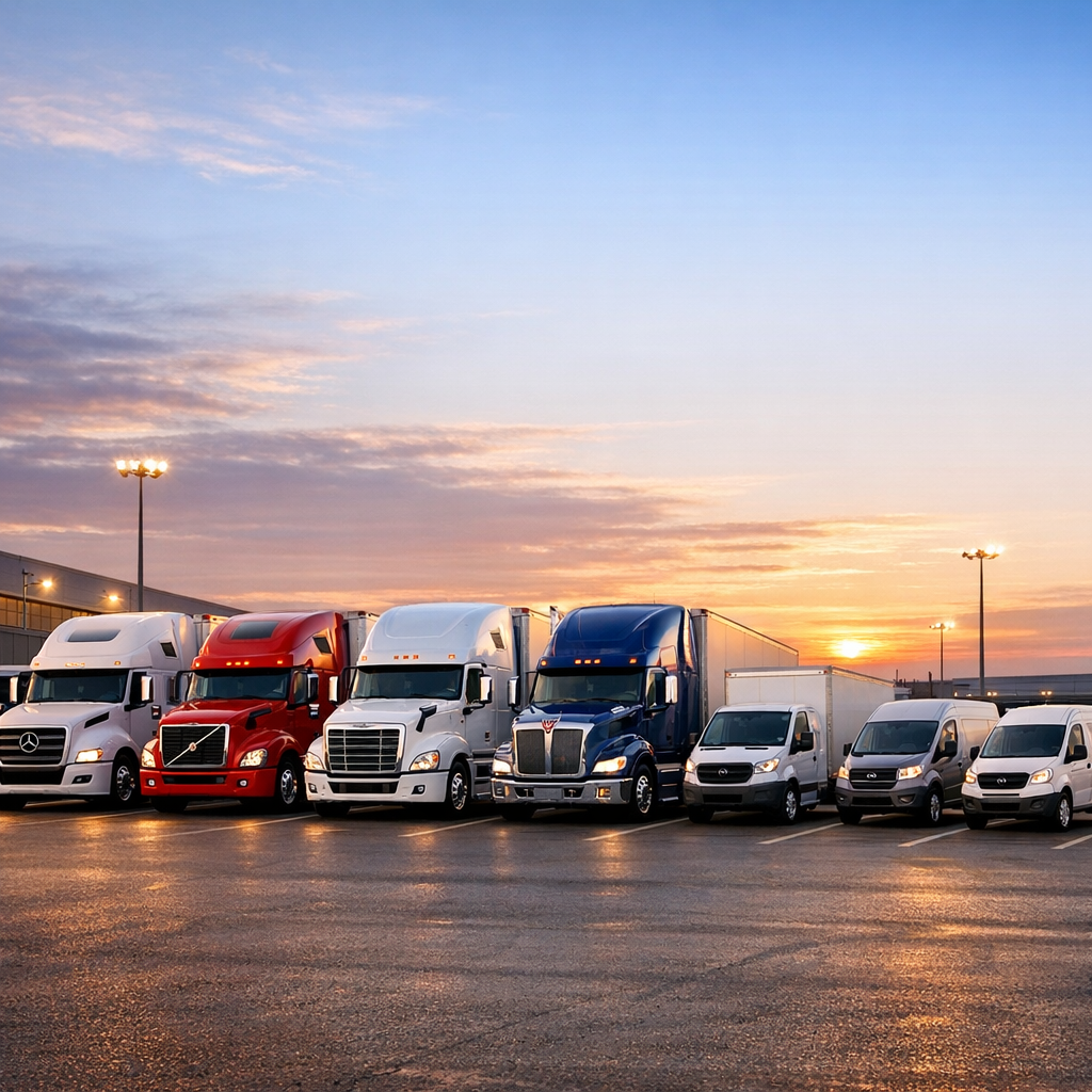 A realistic, professional photo of a diverse commercial truck fleet at a logistics terminal, representing the scale and coordination of modern fleet management and supply chains.