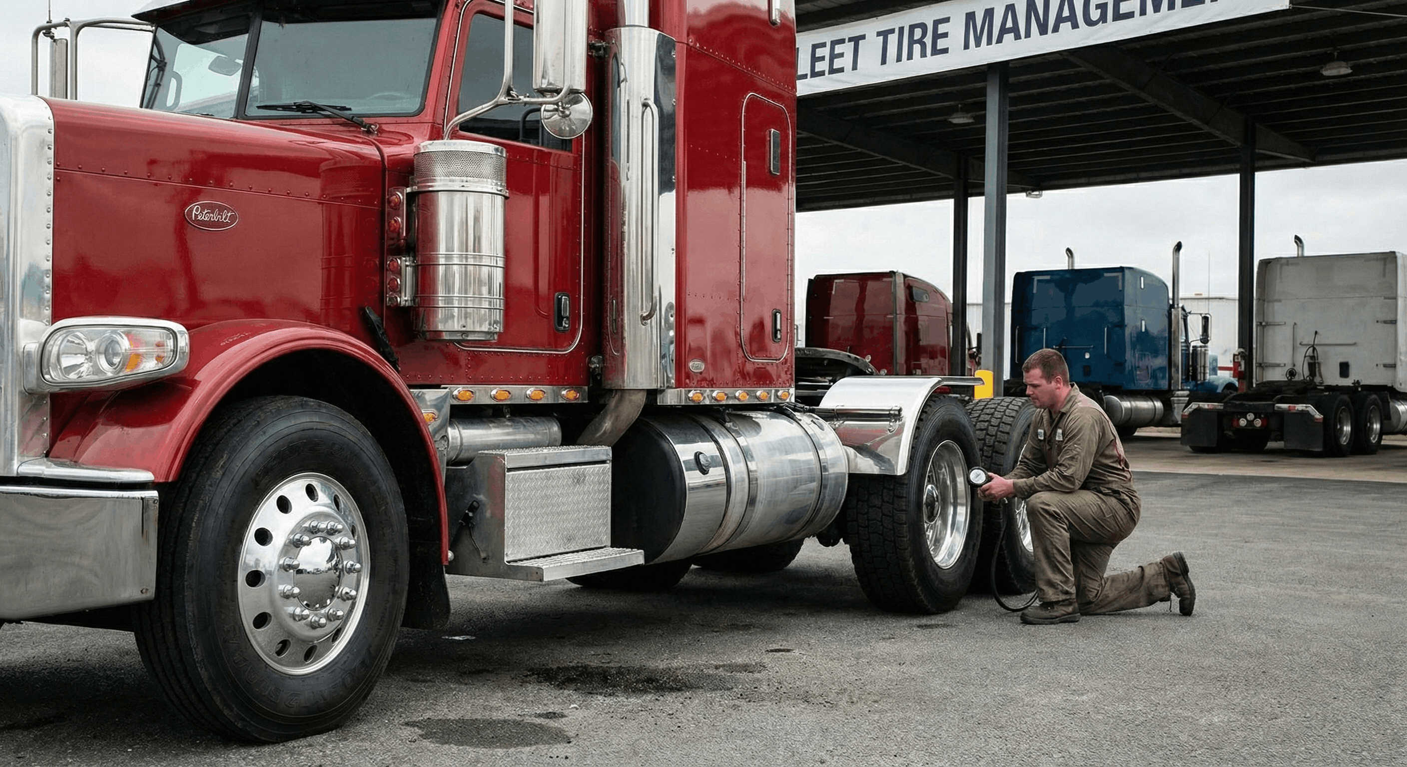 A realistic photo of a classic red American semi-truck in a maintenance bay, with a technician kneeling to check the tire pressure under a "Fleet Tire Management" sign.
