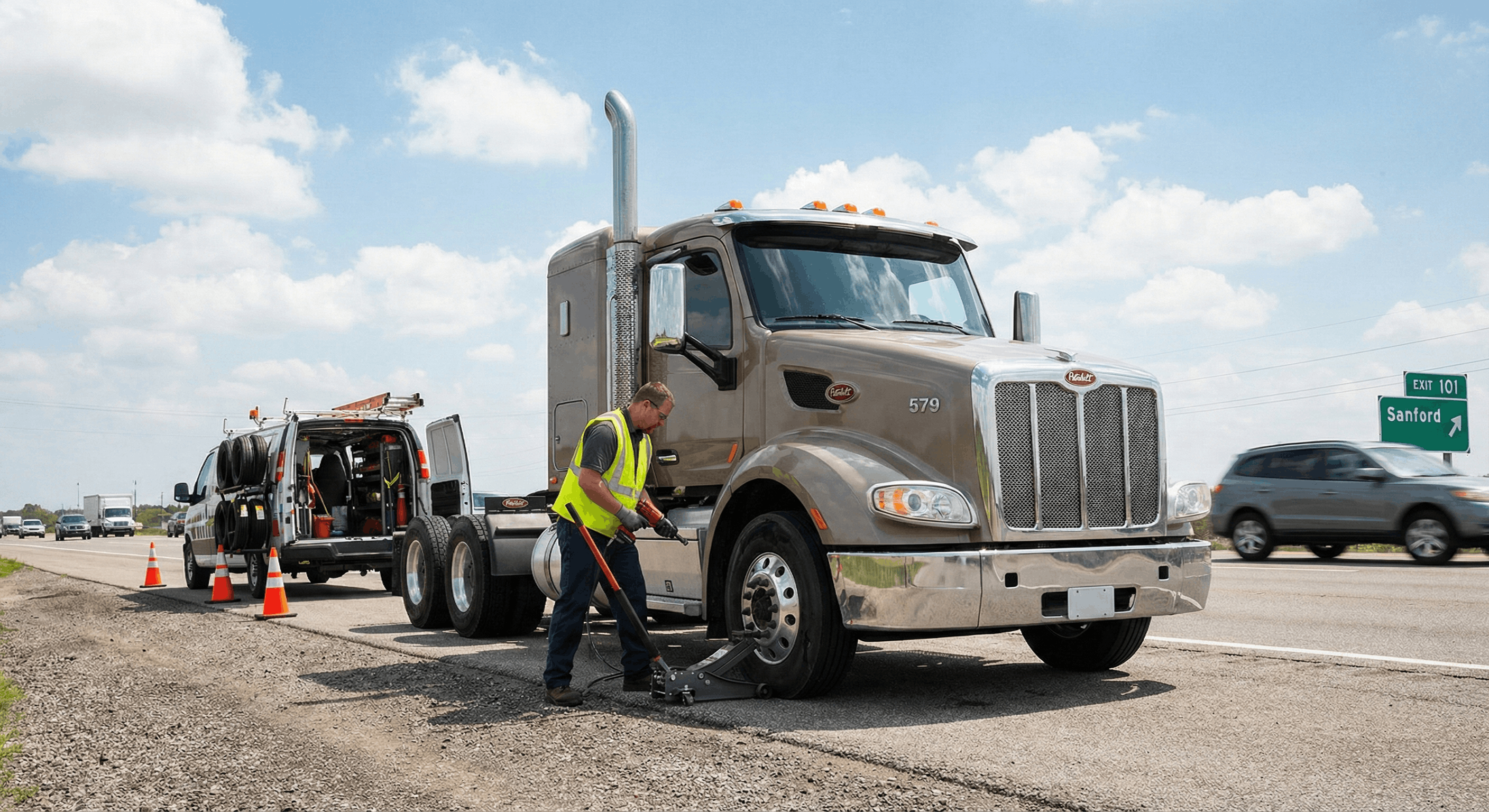 Mobile technician in a safety vest using a heavy-duty jack and impact wrench to perform a commercial truck tire repair on a tan American semi-truck roadside in Central Florida, with a Sanford highway exit sign in the background.
